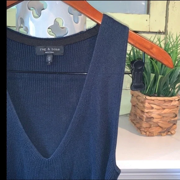 Rag & Bone Navy MICHELLE Plunging V-Neck Knit Tie Waist Midi Sleeveless Dress XS - Picture 6 of 8